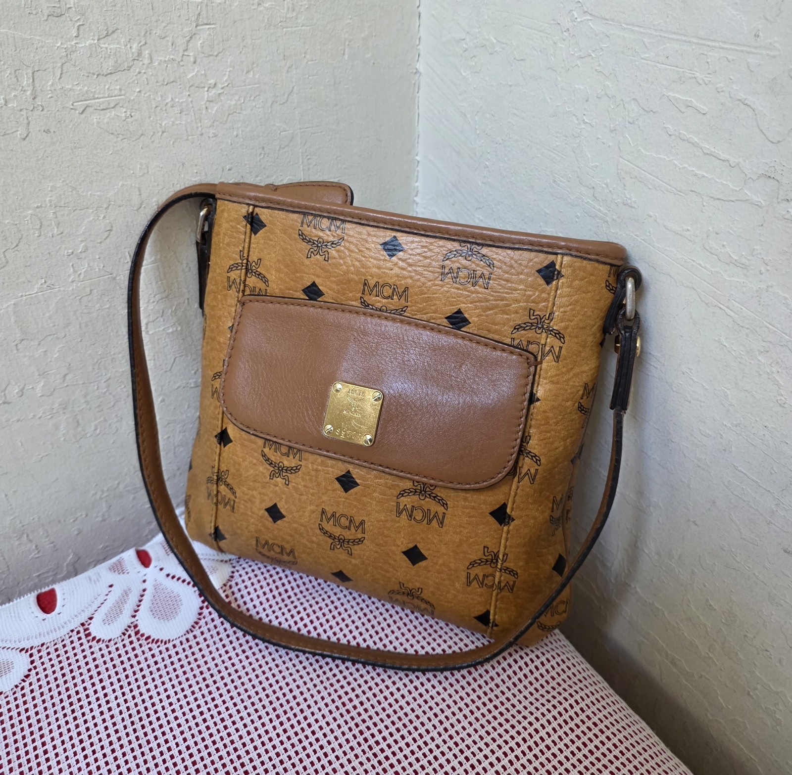 MCM Cognac Monogram Small Flat Shoulder Crossbody Bag AUTHENTIC