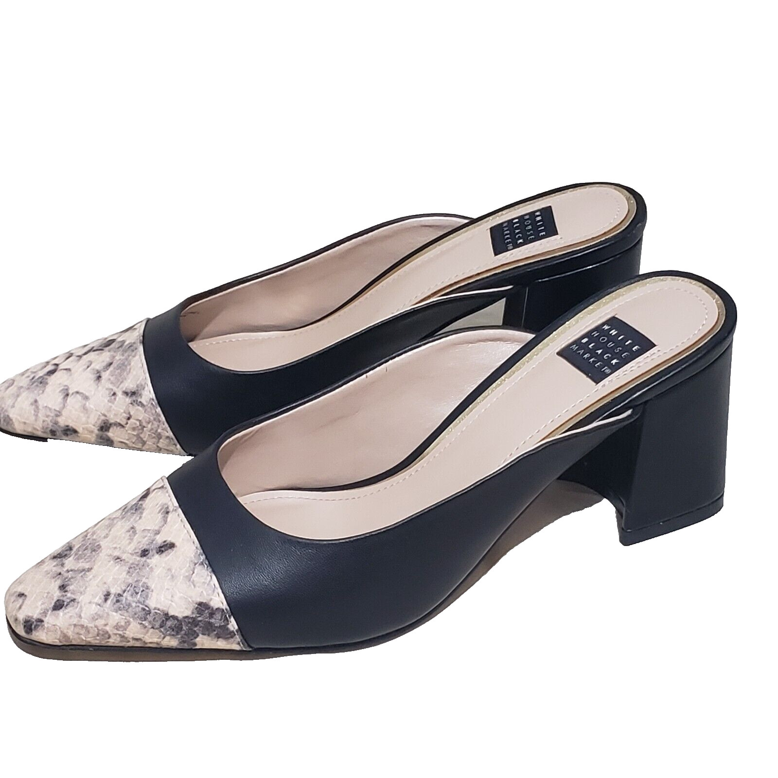 White House Black Market Black/Beige Snake pattern Leather Cap Toe Mules 6,5M