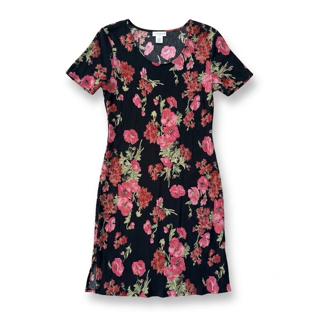 Dress Savvy New York Women’s XL Black Pink Green Floral Scoop Neck Midi Dress