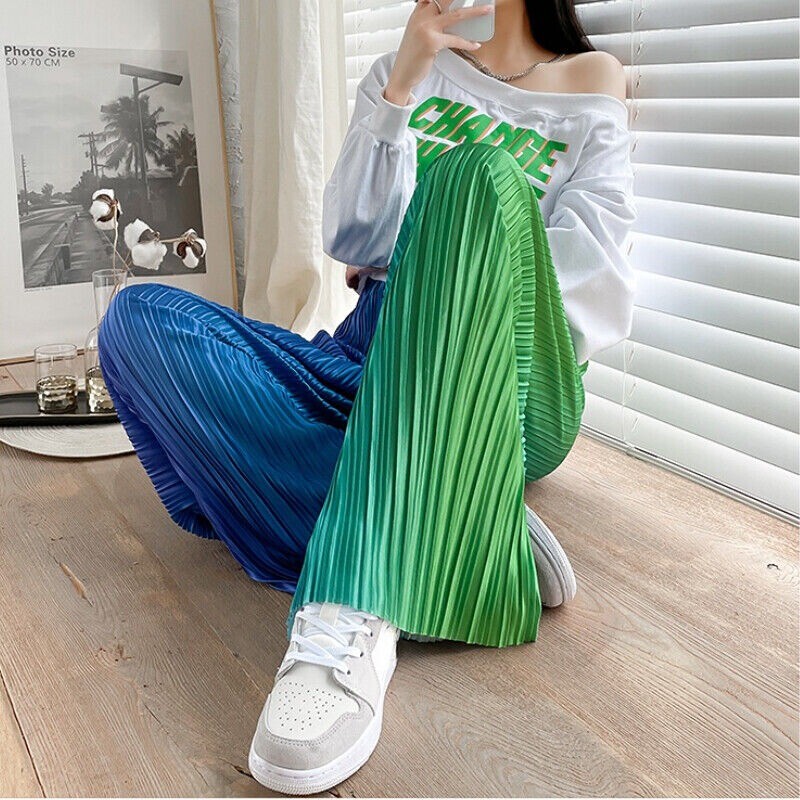 Lady Rainbow Gradient Faux Silk Pants Pleated Tie-Dye Wide-leg Trouser Drape Fit