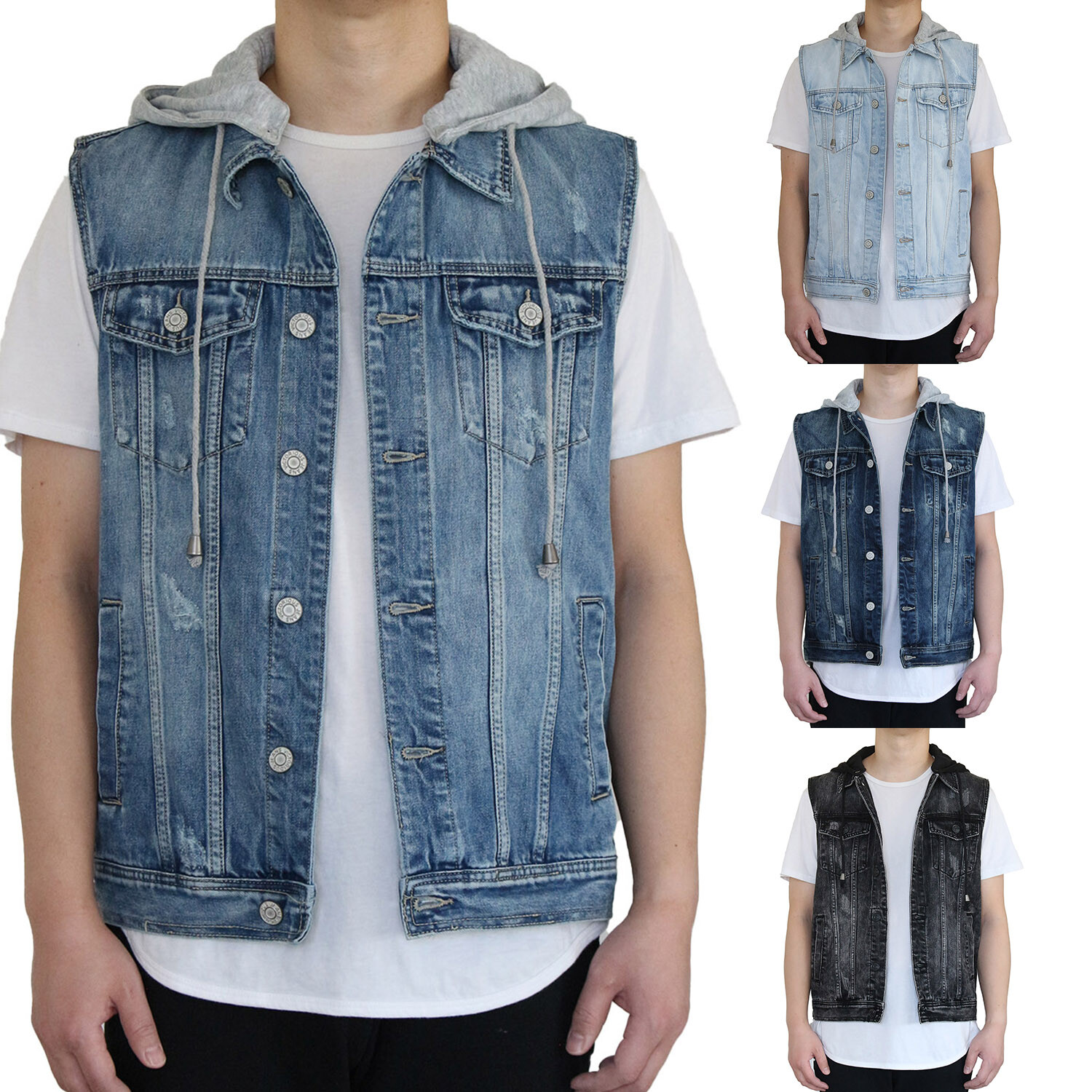 MEN’S DISTRESSED DENIM HOODIE VEST S-5XL 4 COLORS *FAST SHIP