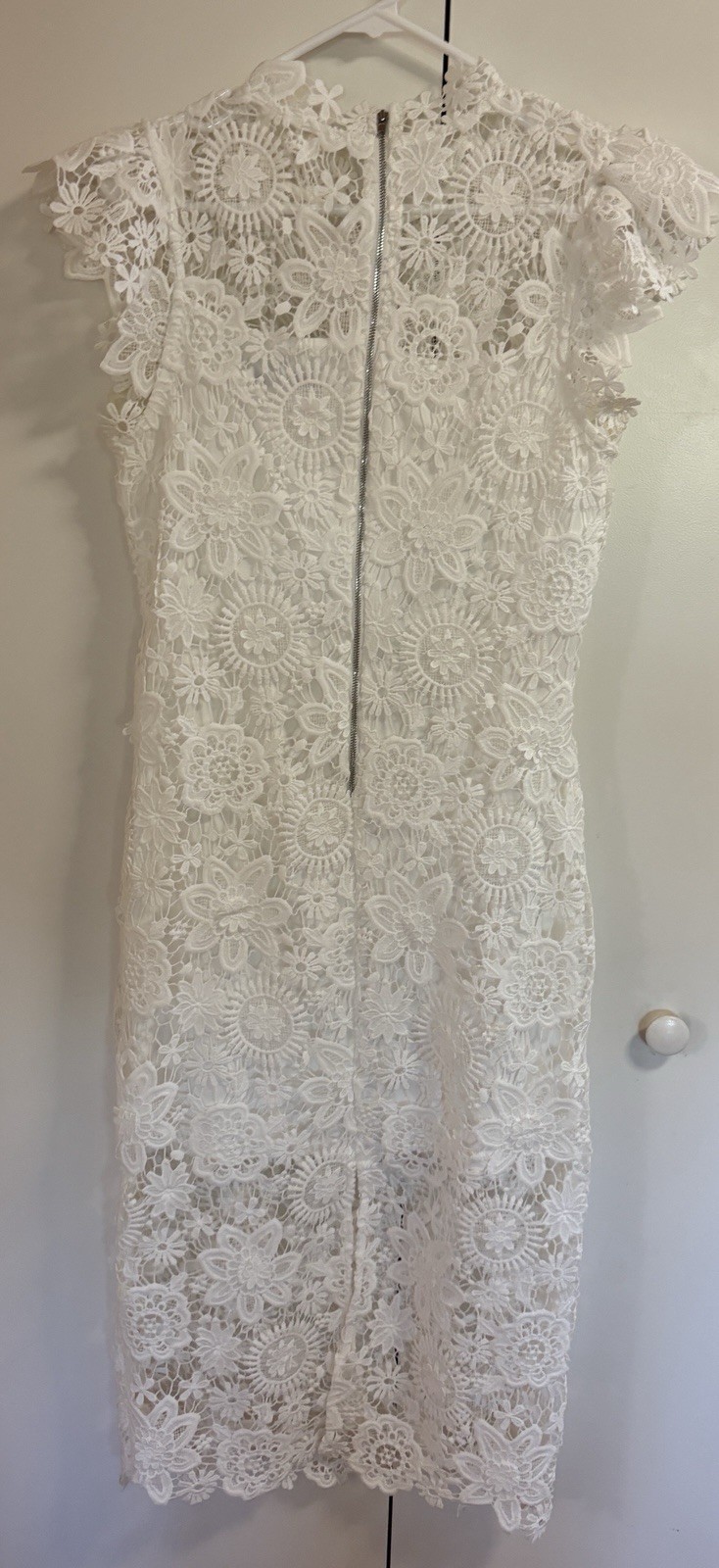 PETAL & PUP BECCA WHITE LACE OVER SLIP MIDI DRESS HIGH NECKLINE CAP SLEEVE SZ L