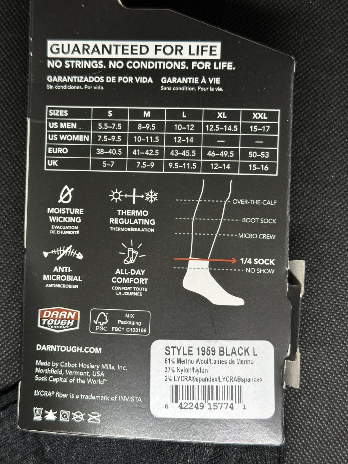 DARN TOUGH style 1959 Black Hiker/Trek 1/4 mid weight hiking socks. Large
