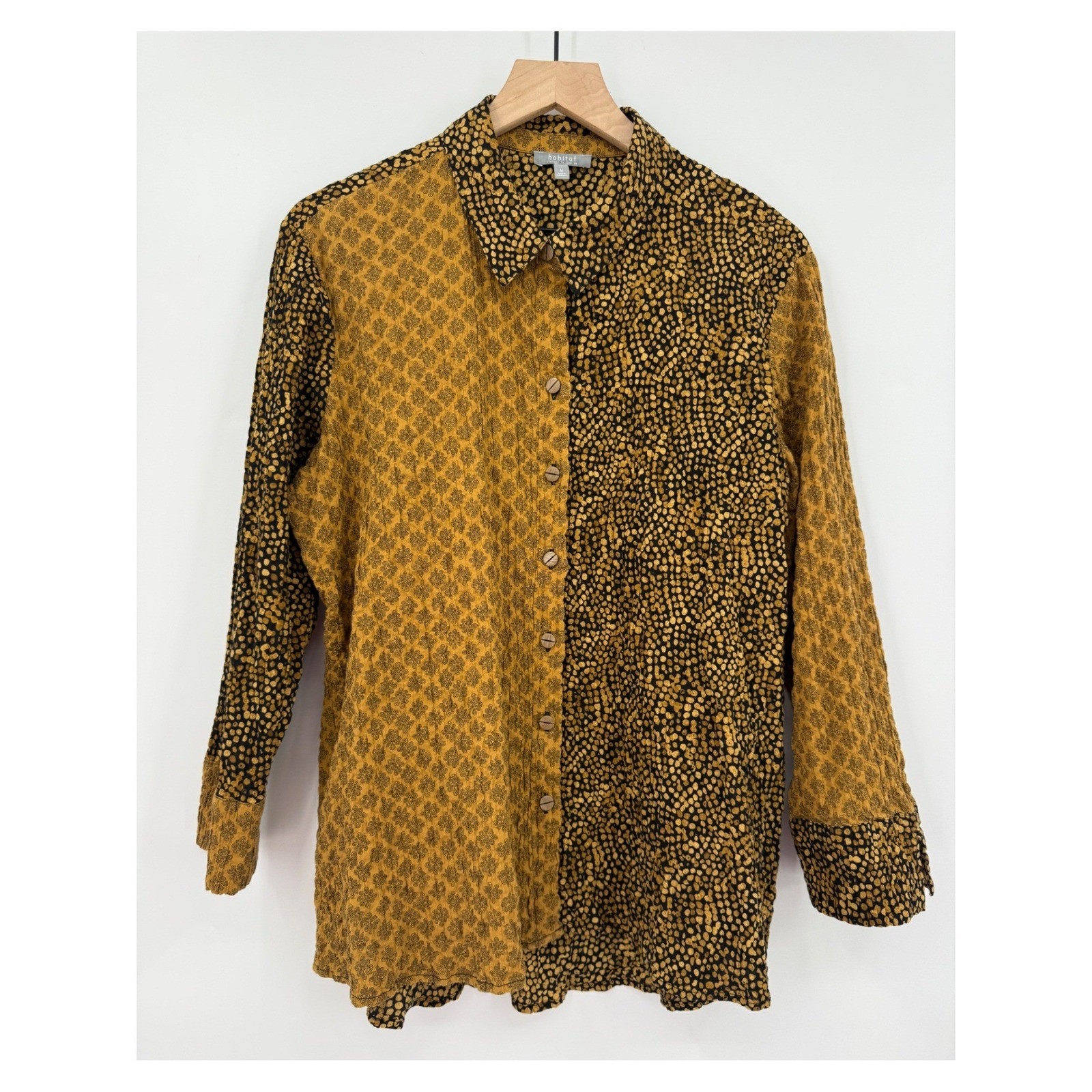 Habitat Shirt Womens Medium Yellow Black Geometric Wood Buttons Boho