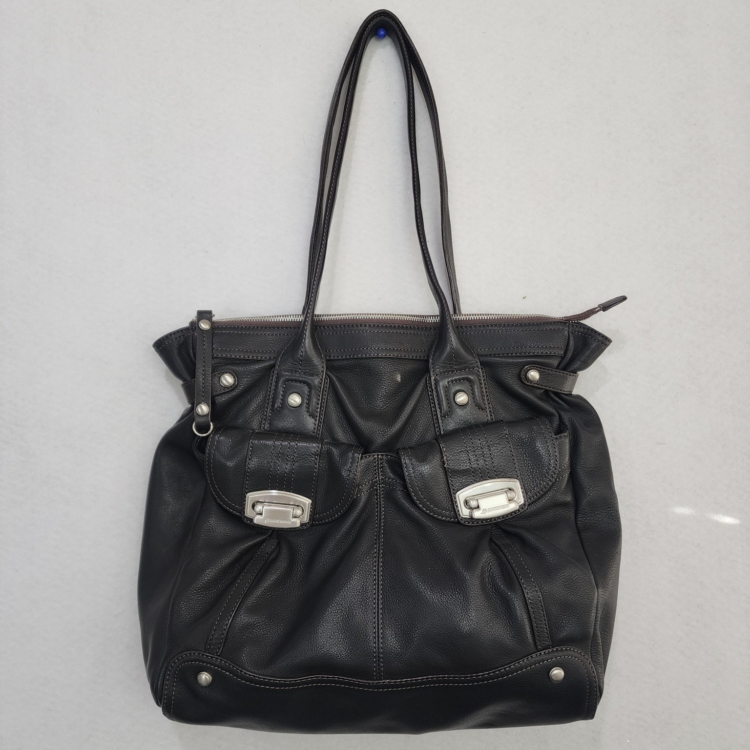 B. Makowsky Satchel Handbag Womens Black Leather Zip Pocket Silver Hardware