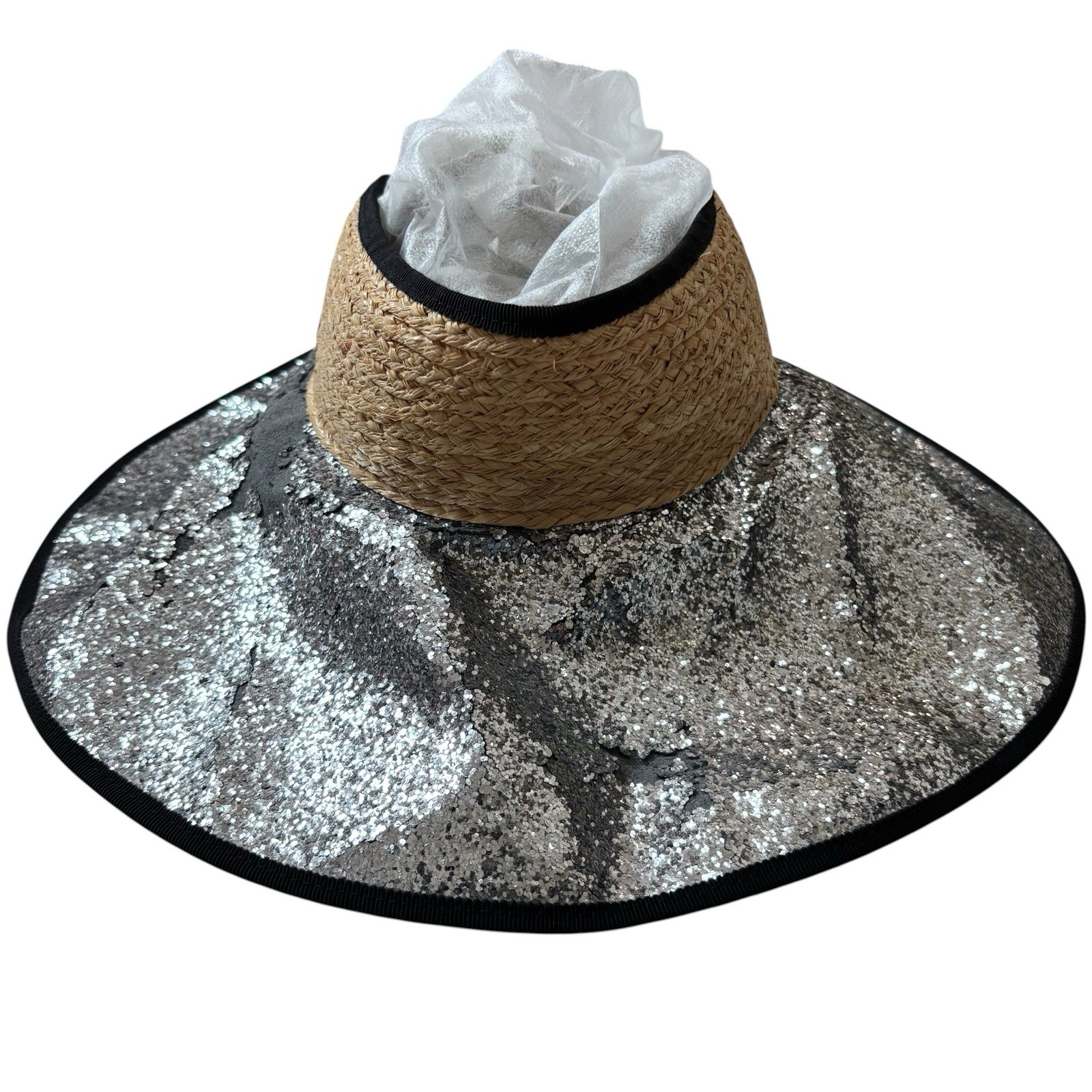 Miu Miu Glitter Sun Visor Hat Silver Black Straw Vintage Archive Italy Y2K S