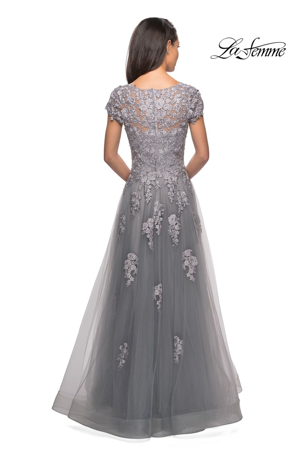 LA FEMME 26907 Silver Embellished Embroidered Rhinestone Mesh Maxi Gown Dress 14