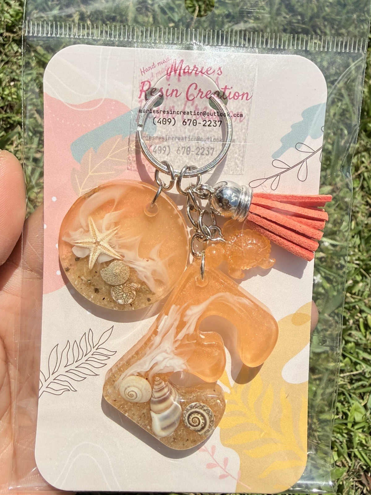Custom made keychain Beach Theme Sunset Orange Resin Keychain.