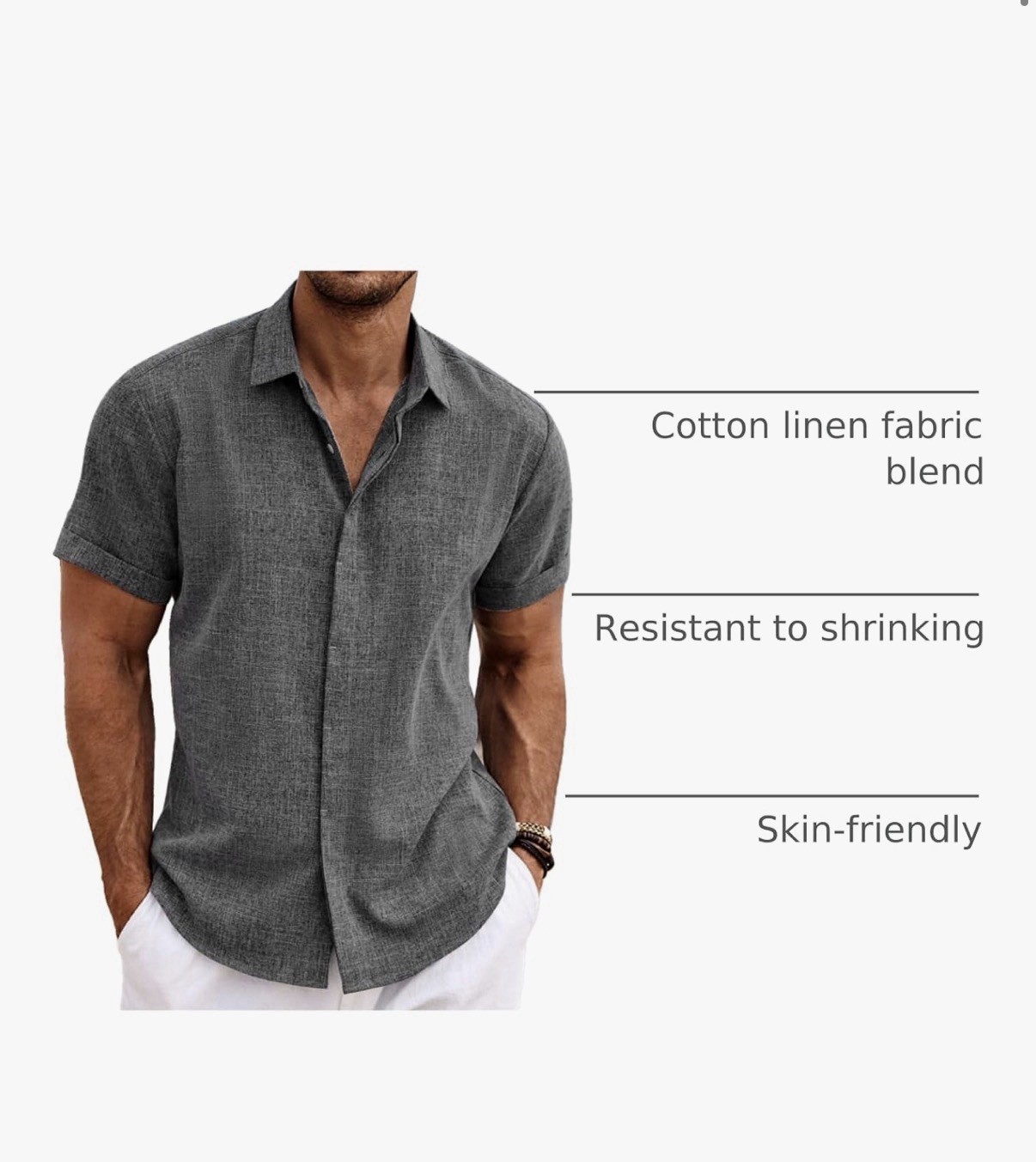 COOFANDY Men’s Gray Linen Rayon Button-Up Shirt Short Sleeve Lightweight 2XL