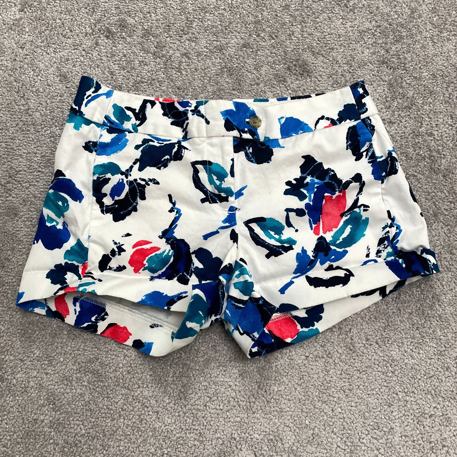 J.Crew Stretch Bermuda Casual Shorts Womens 00 White Floral Mid Rise Cotton 3″