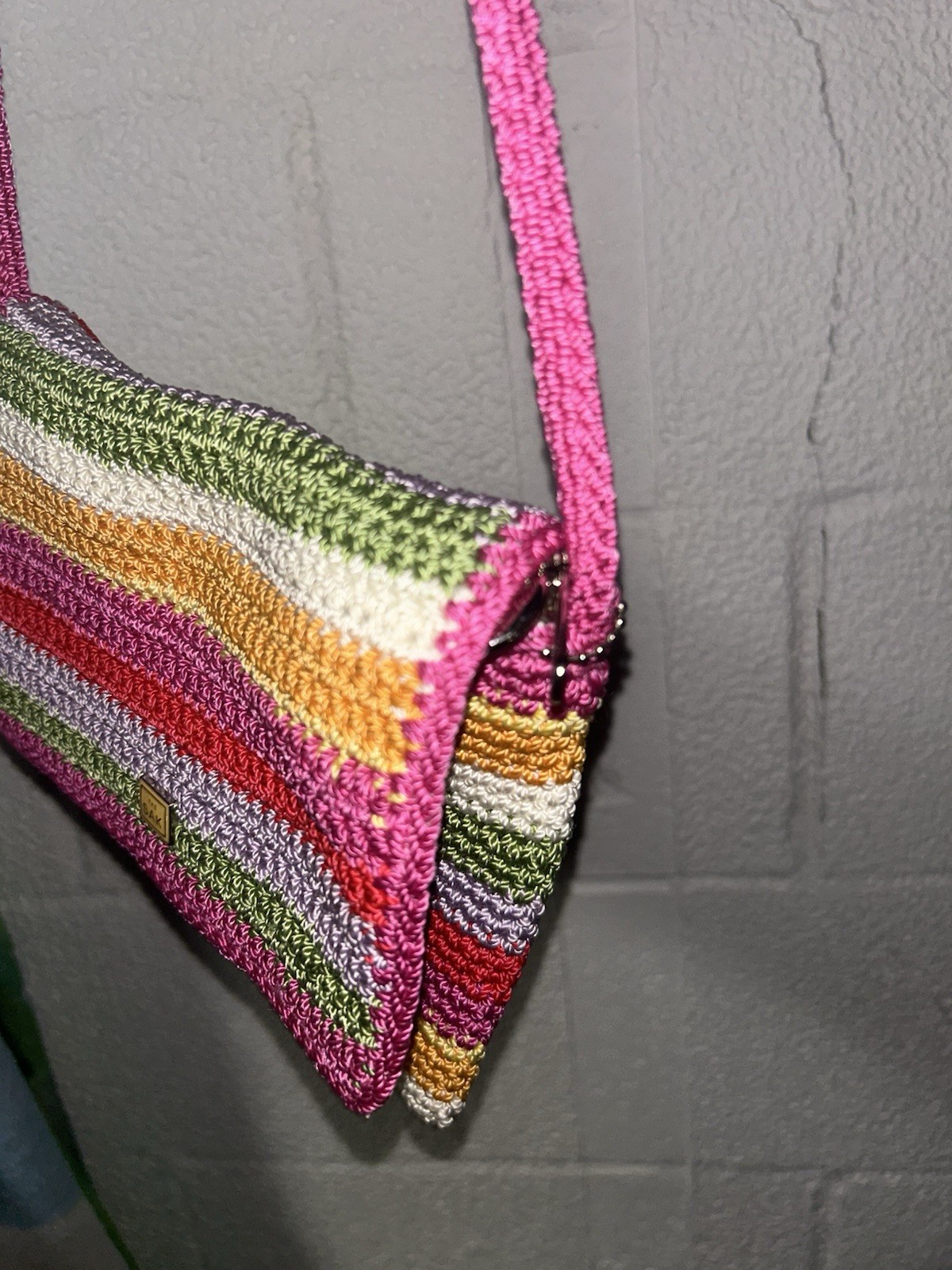 The Sak Striped Multicolor Crochet Crossbody Bag Zip Lined Pink Strap Logo