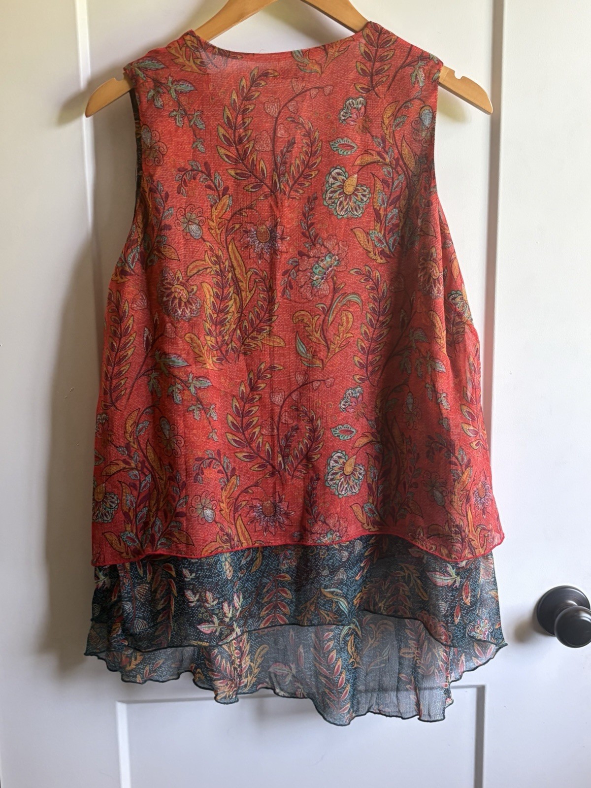 Paris Floral Chiffon Blouse Red Sheer Layered V-Neck Sleeveless Size M