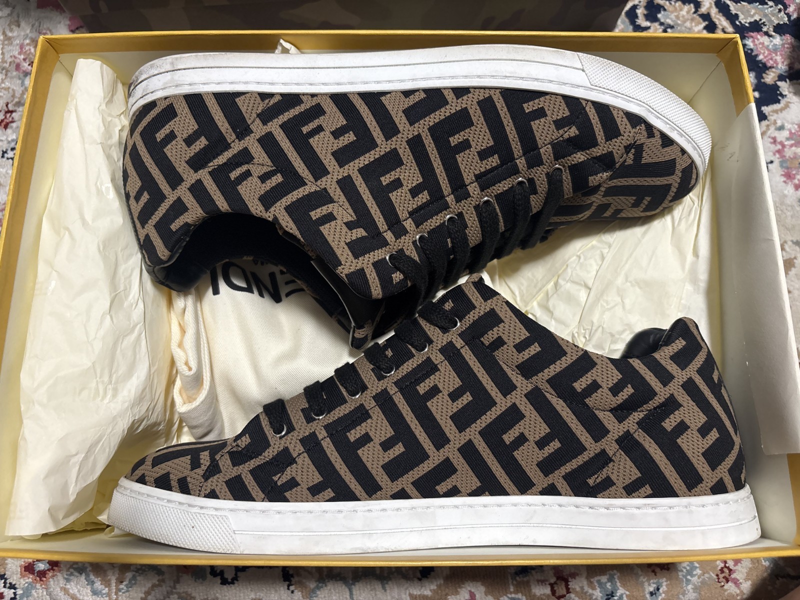 Fendi Men’s Brown Black FF Logo Perforated Domino Sneakers Size 9