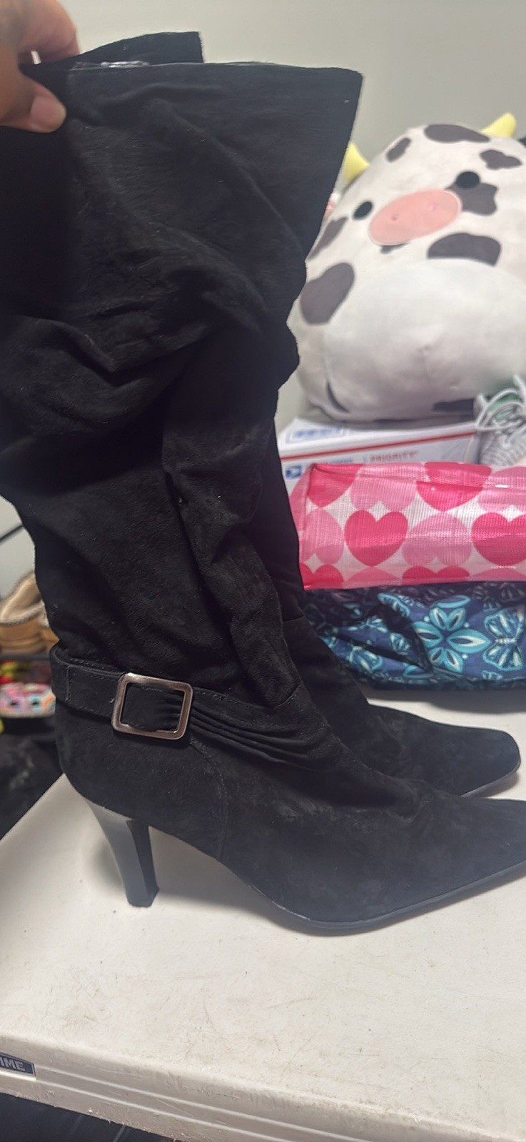 Bass Women’s Knee High Suede Boots Black Pointed Toe Zip Buckle US 9