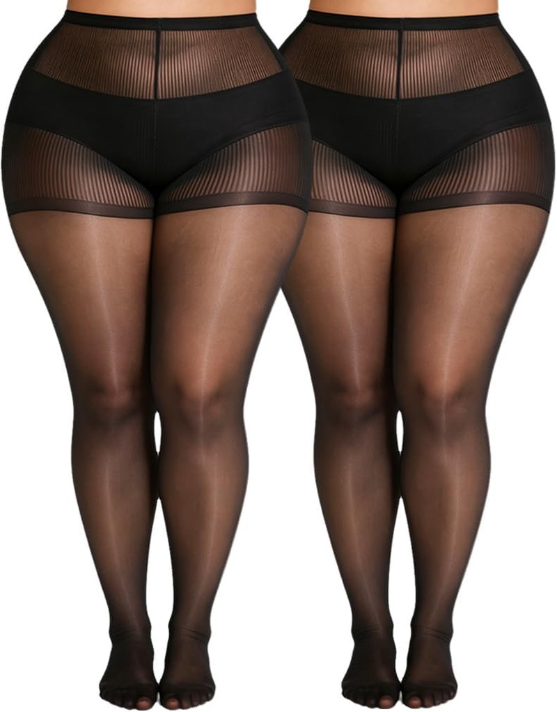 MERYLURE plus Size Sheer Tights for Women,20D Control Top Pantyhose Reinforced T