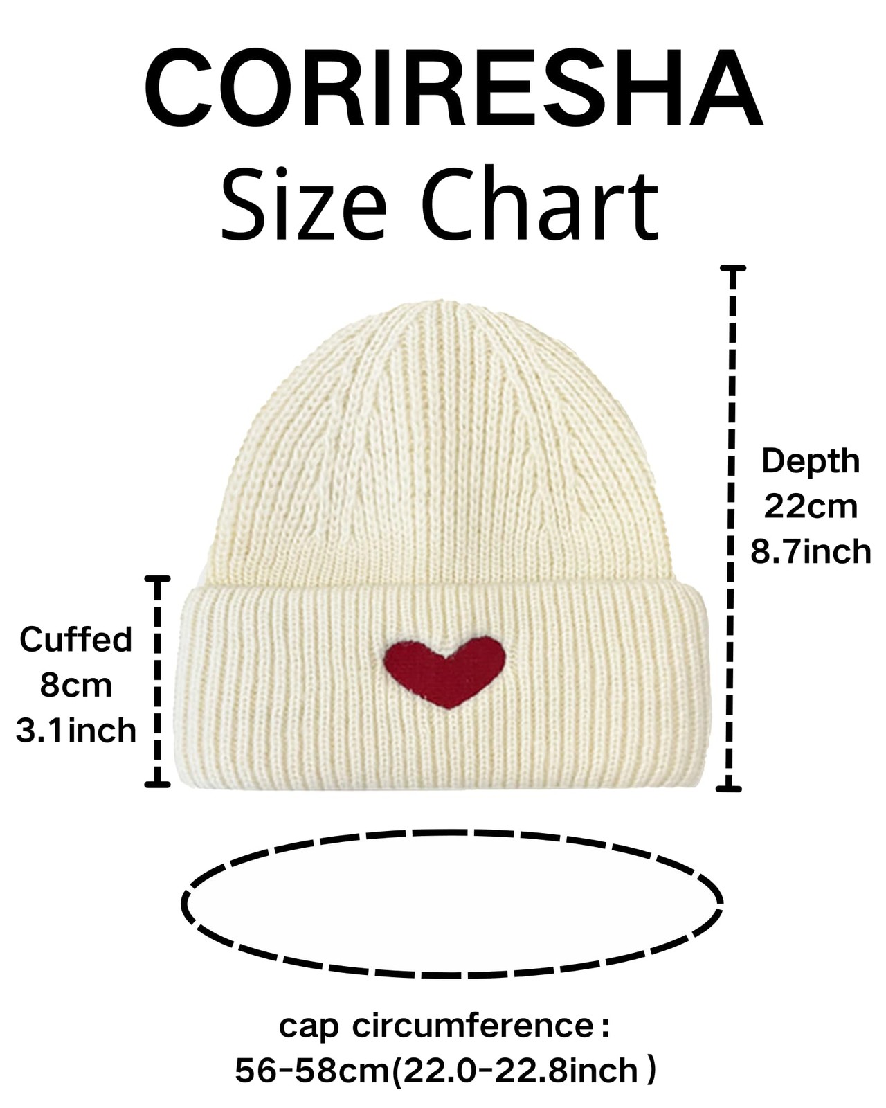 CORIRESHA Women’s Cute Heart Embroidery Beanie Soft Knitted One Size, Beige