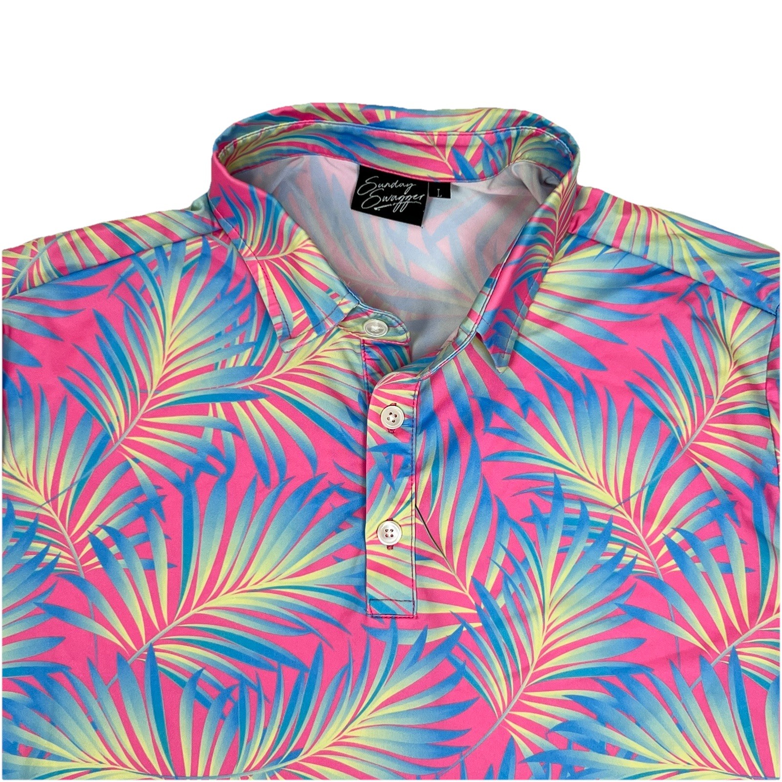 Sunday Swagger Maldives Men’s L Polo Shirt Palm Leaf Tropical Performance Neon