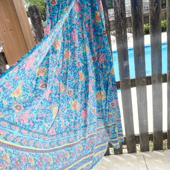 Pretty Garden Floral Wrap Maxi Dress, Womens M Blue Flutter Sleeves Romantic