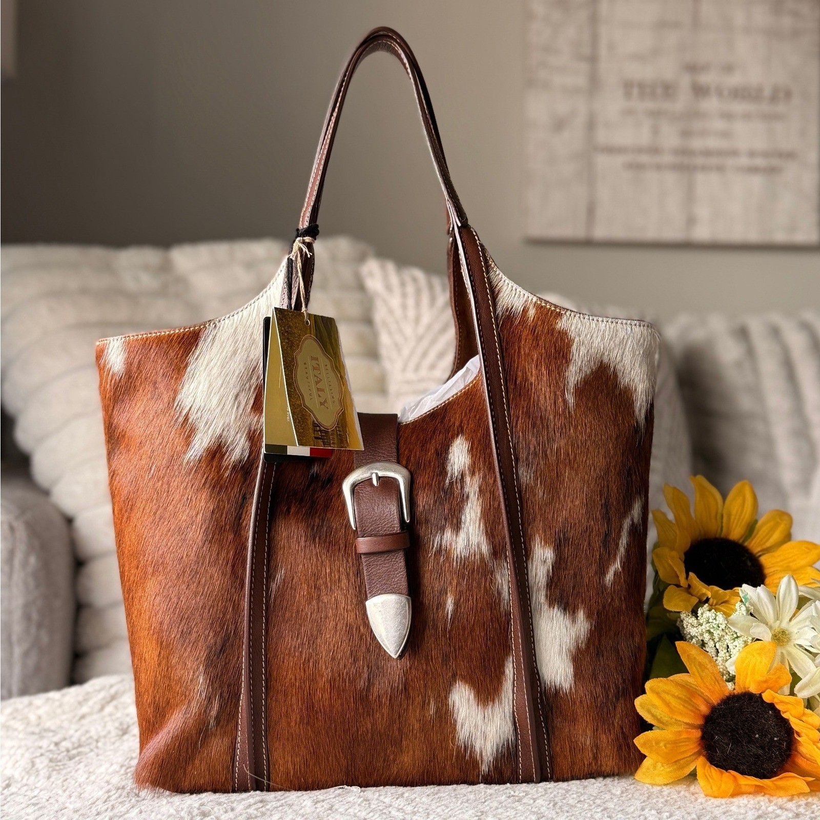 Cavalcanti Cowhide Leather Tote Bag Brown White Made in Italy Western Buckle NEW
