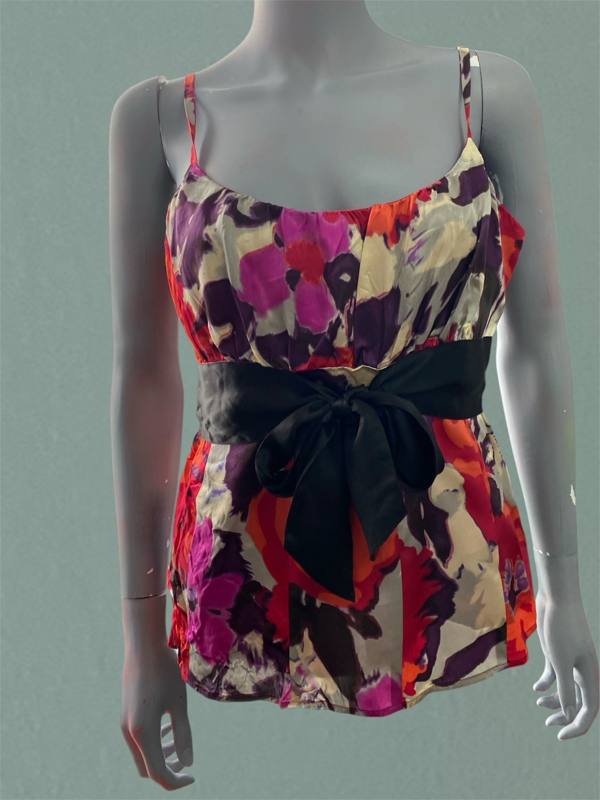 Monsoon Vintage Floral Silk Camisole Top UK 14 Multi-Colored Tie Waist