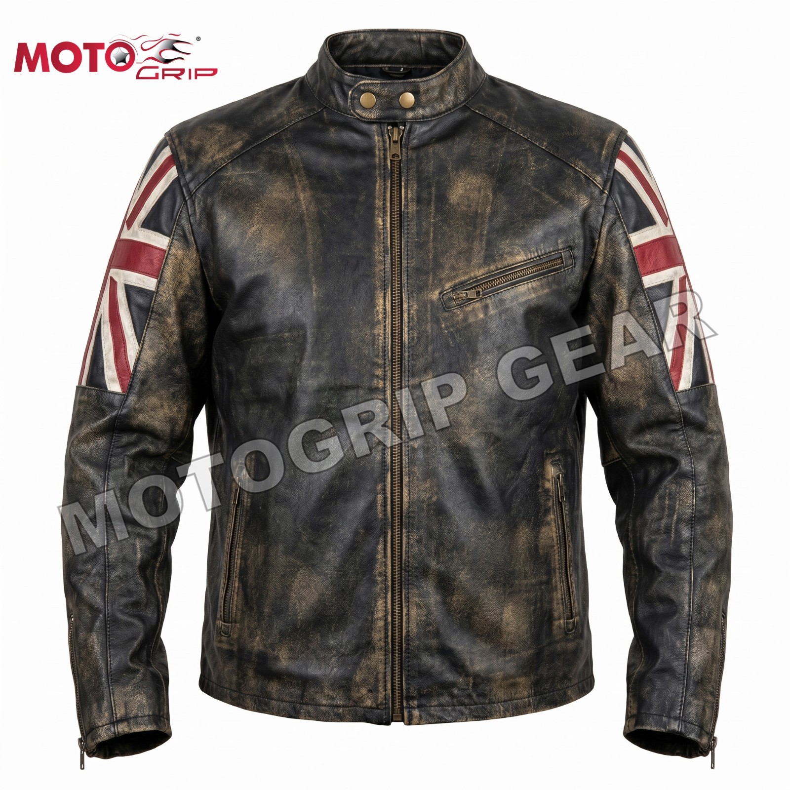 Men’s Biker Cafe Racer Motorcycle UK Flag Patch Vintage Distressed Black Leather