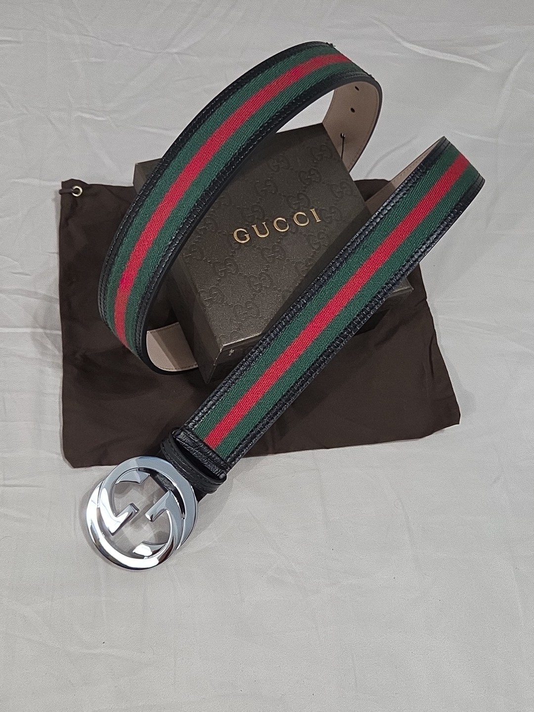 Gucci Black Green Red Striped Belt Size 38-40 IT 110CM Silver Buckle