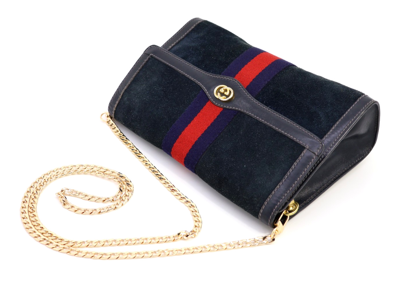 GUCCI VINTAGE Web Stripe Shoulder Bag Suede Leather Navy Classic Authentic