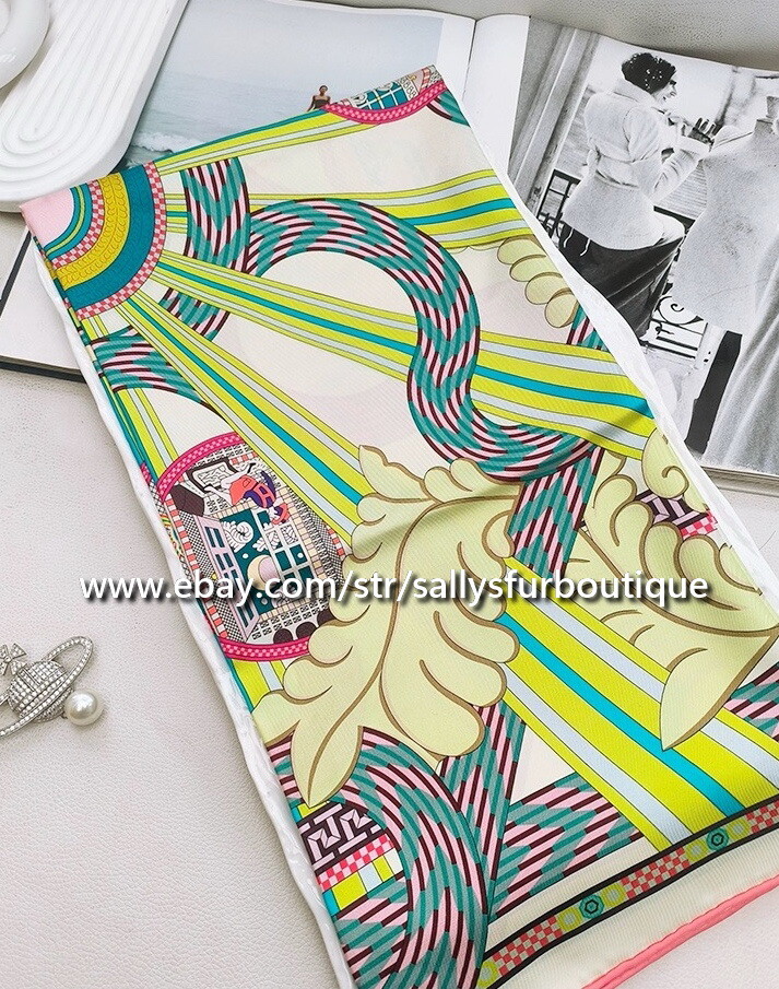 Boutique 18 Momme Twill Silk Wrap Scarf Torch Print Double Face Shawl 35″
