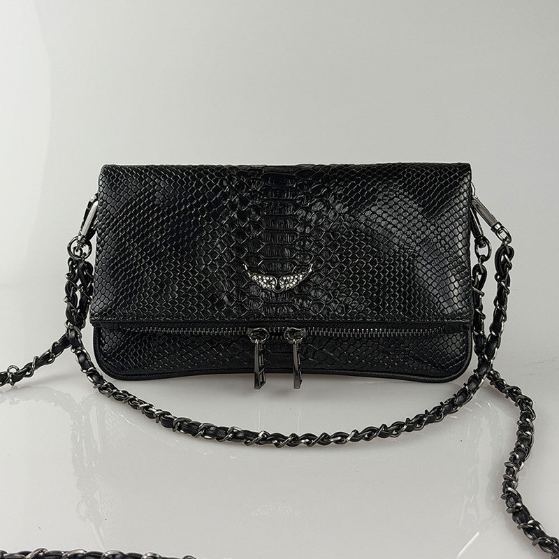 Zadig & Voltaire Rock Wing Black Snake Embossed Leather Crossbody Bag 22x15cm