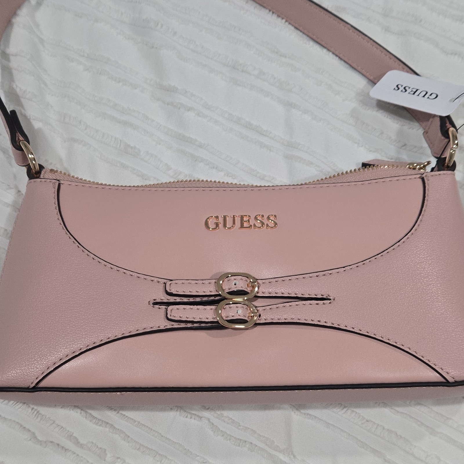 GUESS Pink Small Shoulder/Crossbody Bag Logo Pattern Zip Gold Hardware Detach