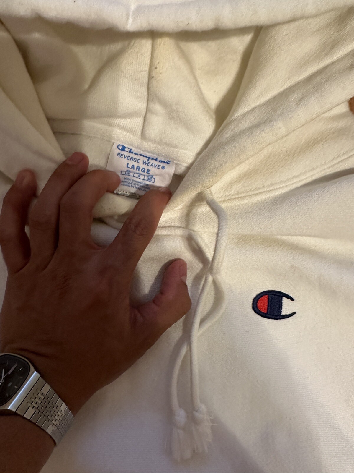 Champion Reverse Weave Patch Logo White Pullover Hoodie Men’s Size Large