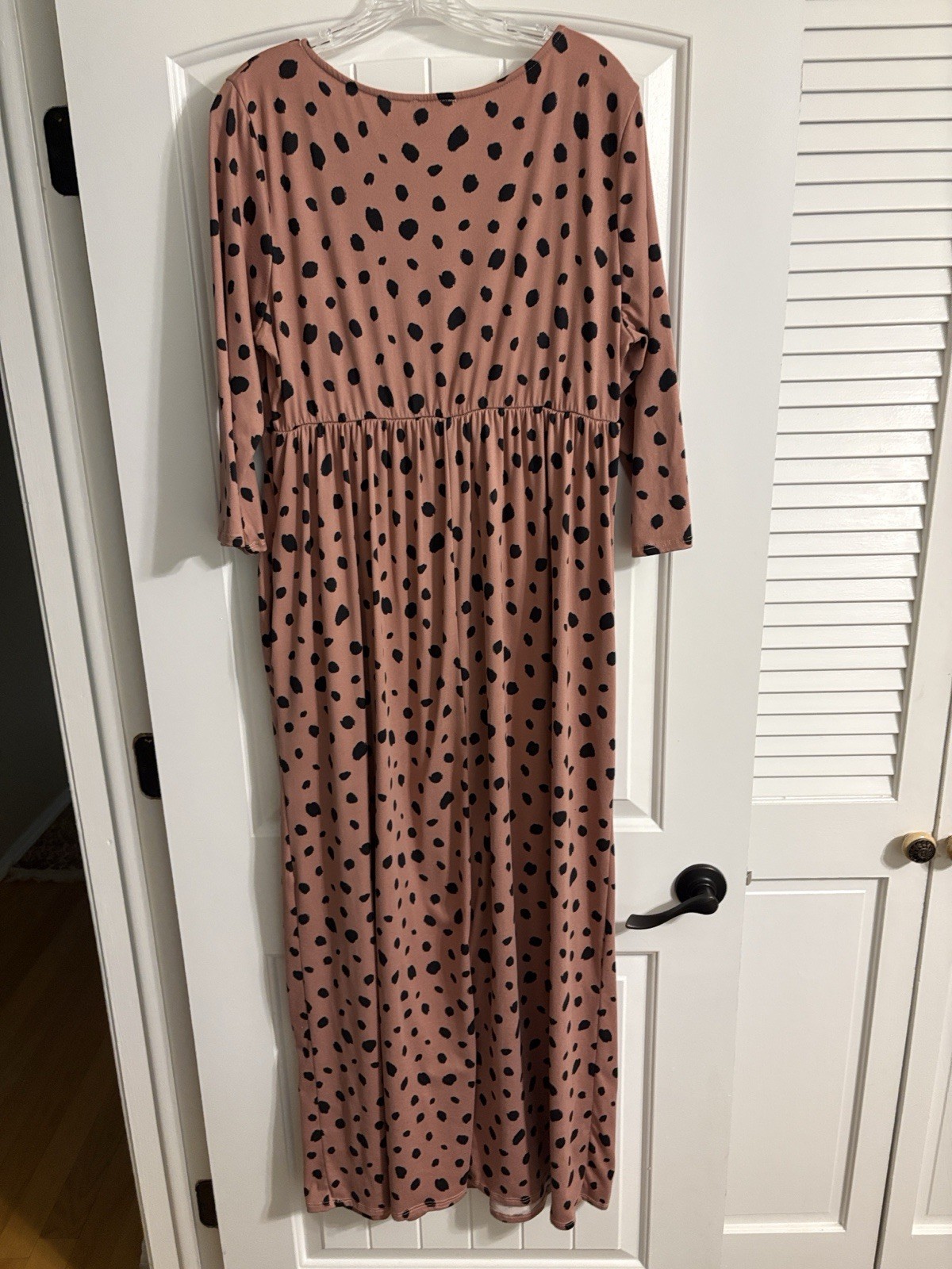 P & Rose Pink/Black Polka Dot Knit Maxi Dress 3/4 Sleeve Scoop Neck L