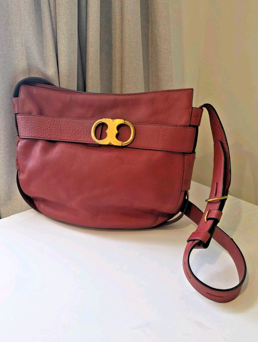 Tory Burch Large Gemini Link Belted Hobo Bag Red Pebbled Leather Gold Hardware