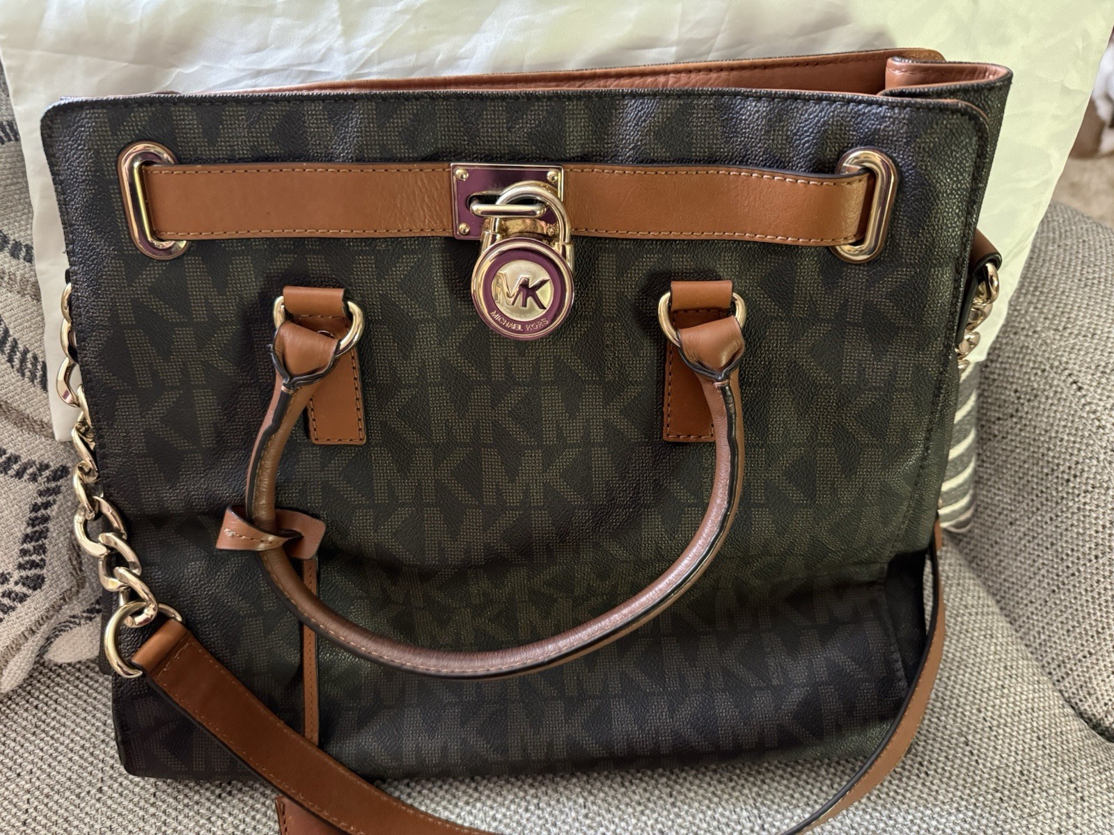 Michael Kors Brown MK Monogram Large Satchel Top Handle, Detachable Strap