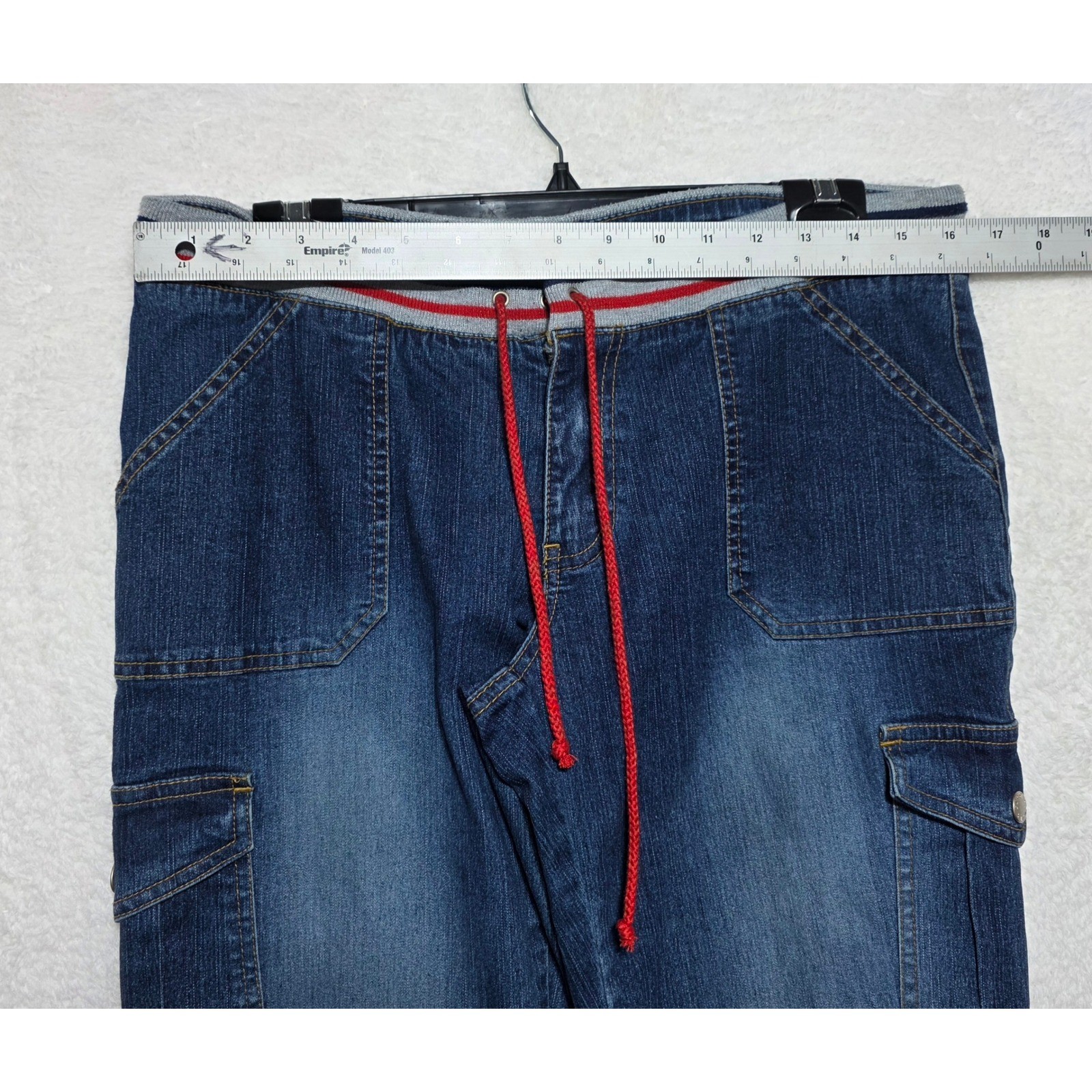 First Line Los Angeles Cargo Flare Jeans Dark Wash Knit Waist Size 15 Y2K Style