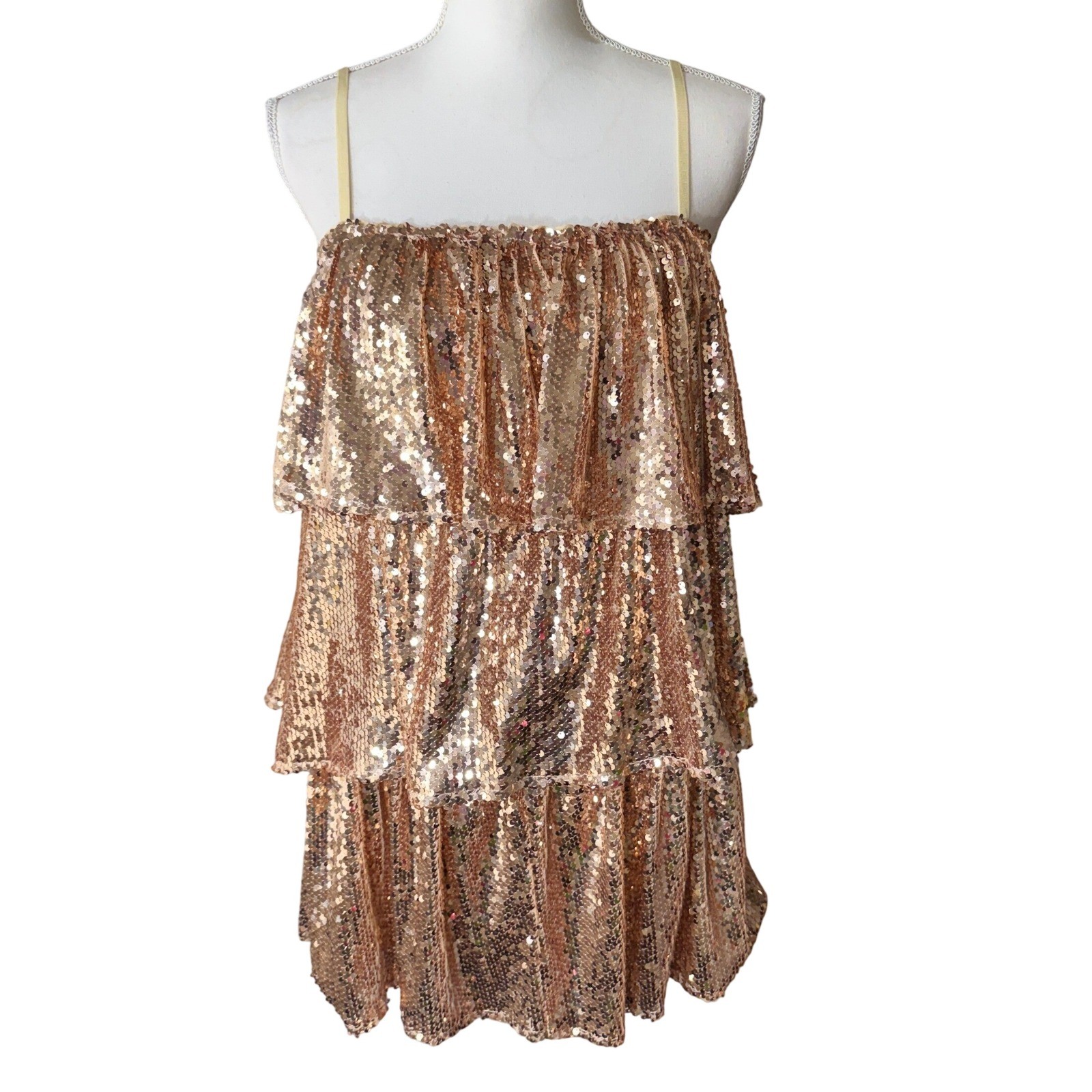 Day + Moon Sequin Tiered Mini Dress Champagne Gold Small Cocktail NWT FLAW