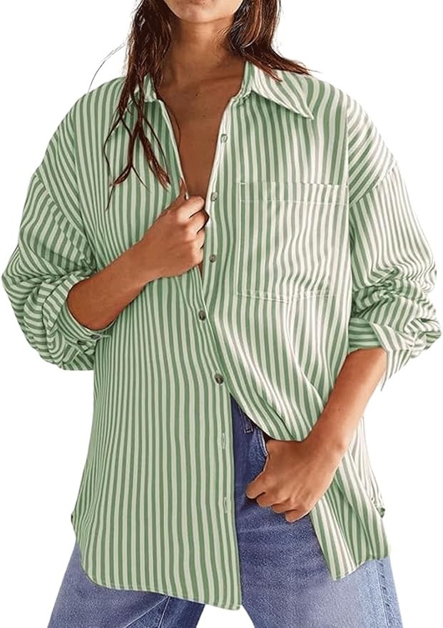 Women’s Dressy Striped Button Up Shirts Collared Long Sleeve Blouse Casual