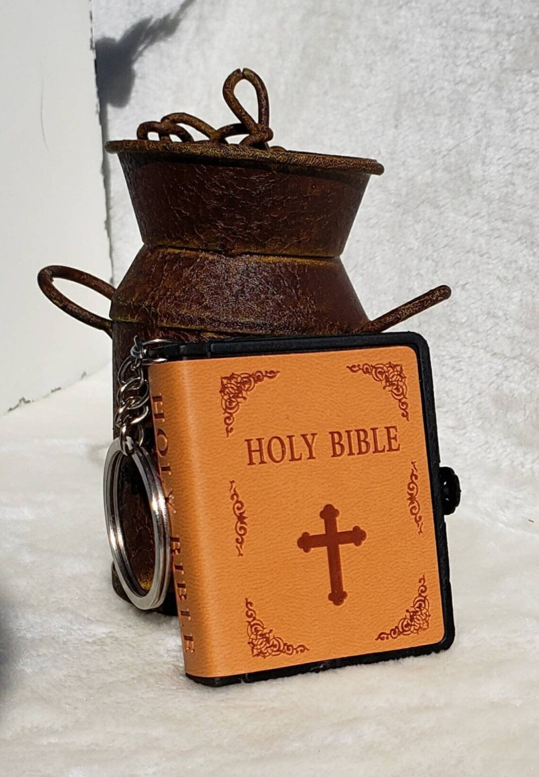 Leather Mini Bible Keychain, Orange Cover w/ Keyring, Jesus, Church, Christian