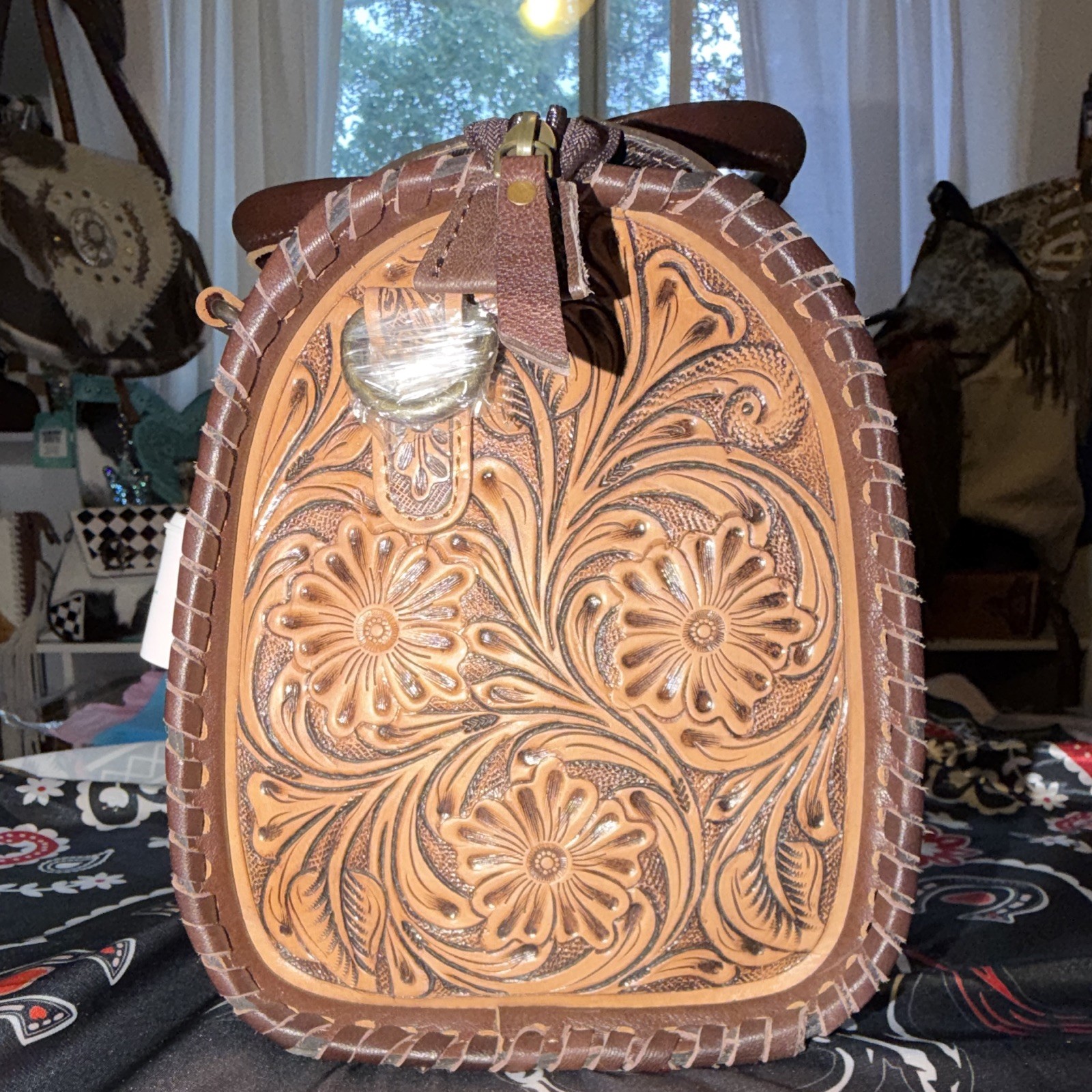 Handmade Tooled Floral Western Satchel Top Handle Zip Bag Brown Alien Charm