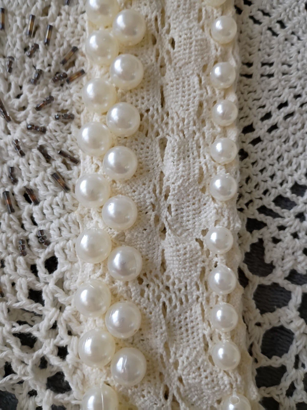 STYLE BRAND QUALITY Crochet top`Pearls Ruffle sleeve seed beads NICE!! LARGE