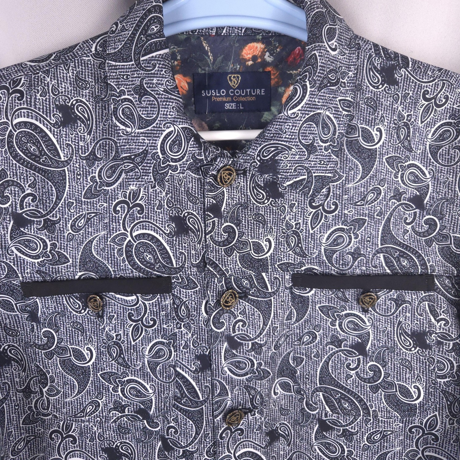 Suslo Couture Jacket Men L Black Paisley Utility Field Coat Elbow Pads Statement