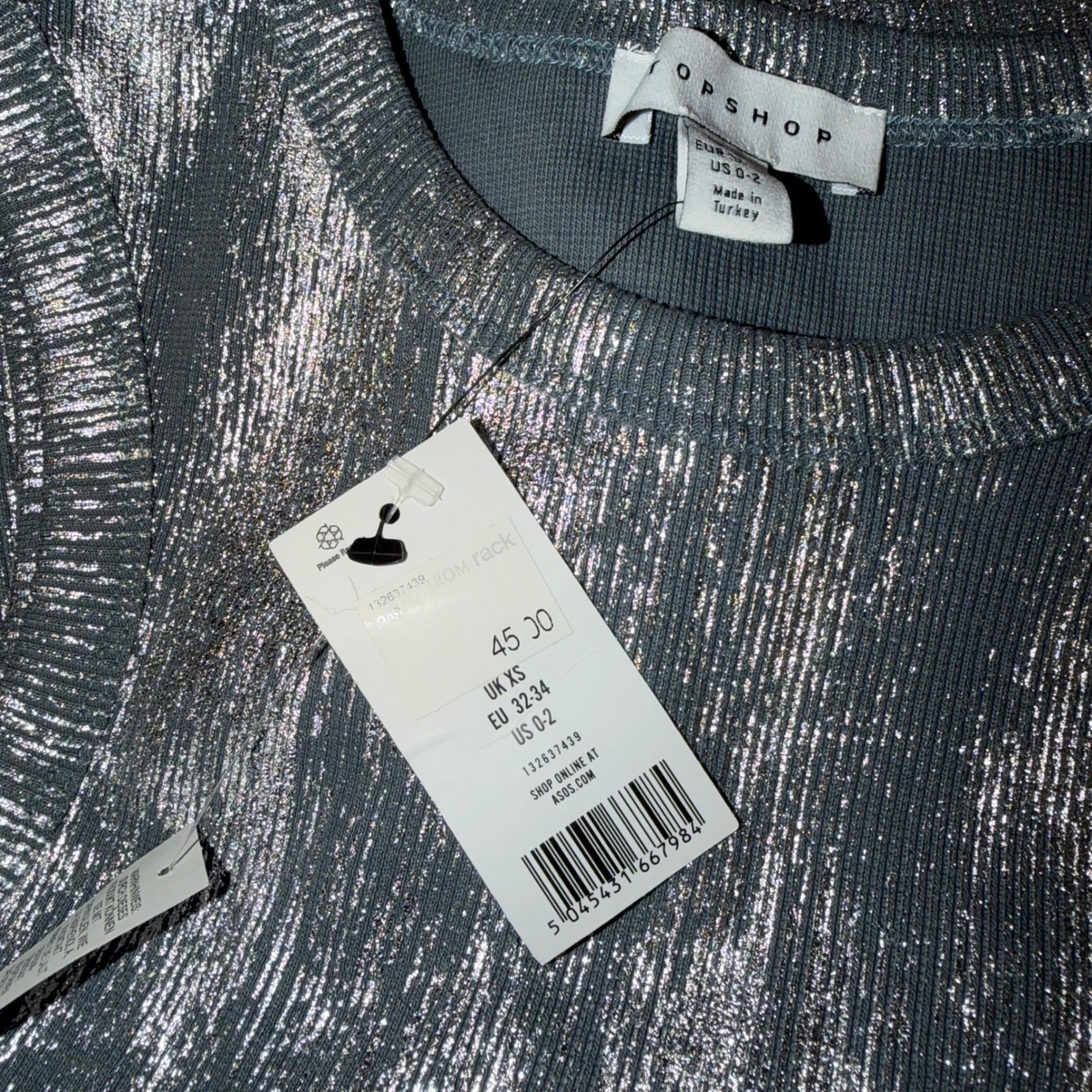 Topshop Womens Metallic Silver Foil Ribbed Knit Tank Top Crew Neck XS NWT