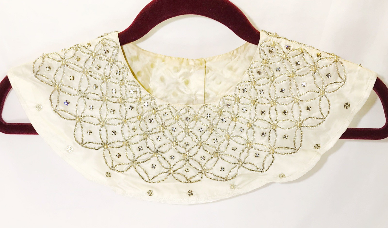 1950’s Vintage Handmade Faux Pearl Crystal Collar MCM Satin Snaps 12.75″