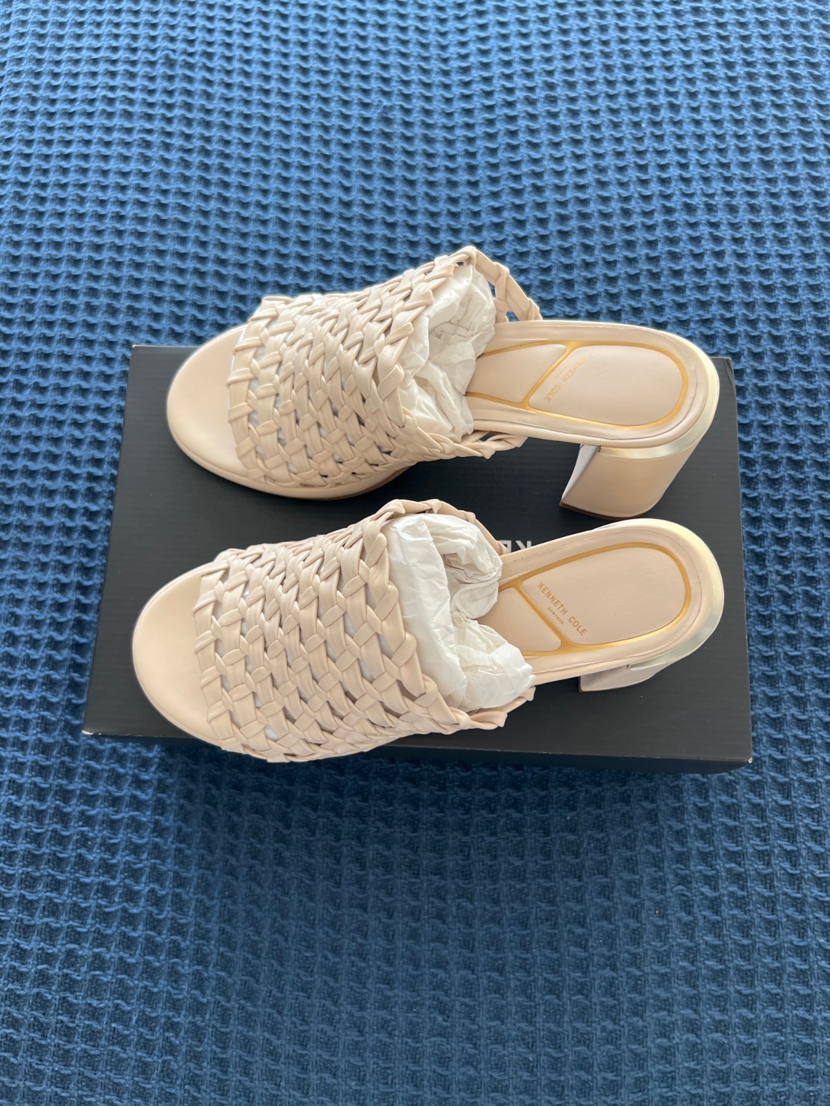 Kenneth Cole Solara Woven Leather Mule Sandals Women’s 9.5 Cream Block Heel NIB