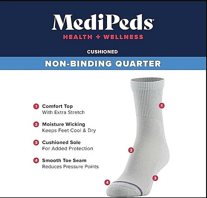 8 Pairs Mens Medipeds Cushioned & Vented Non Binding Diabetic Ankle Socks