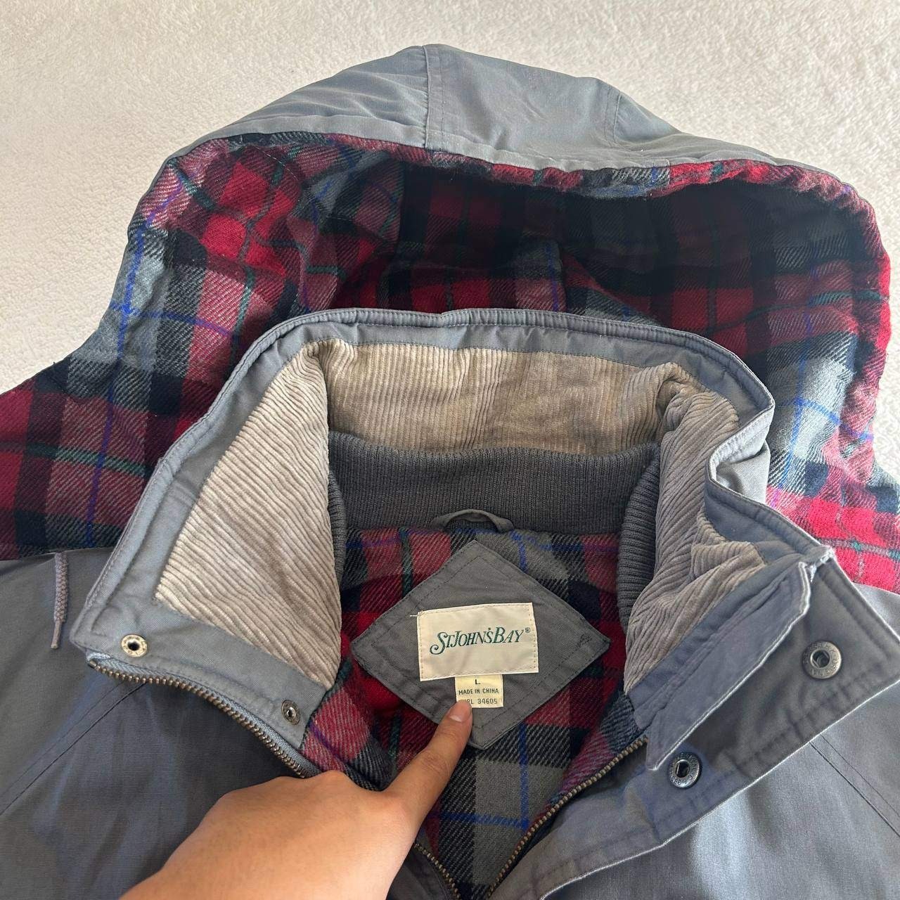 St Johns Bay Parka Chore Coat Size L Gray Flannel Lined Insulated Removable Hood