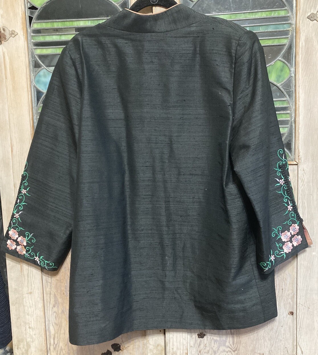 Vintage Black Floral Embroidered Ladies Hanbok Po Style Jacket Smoking Asian EUC