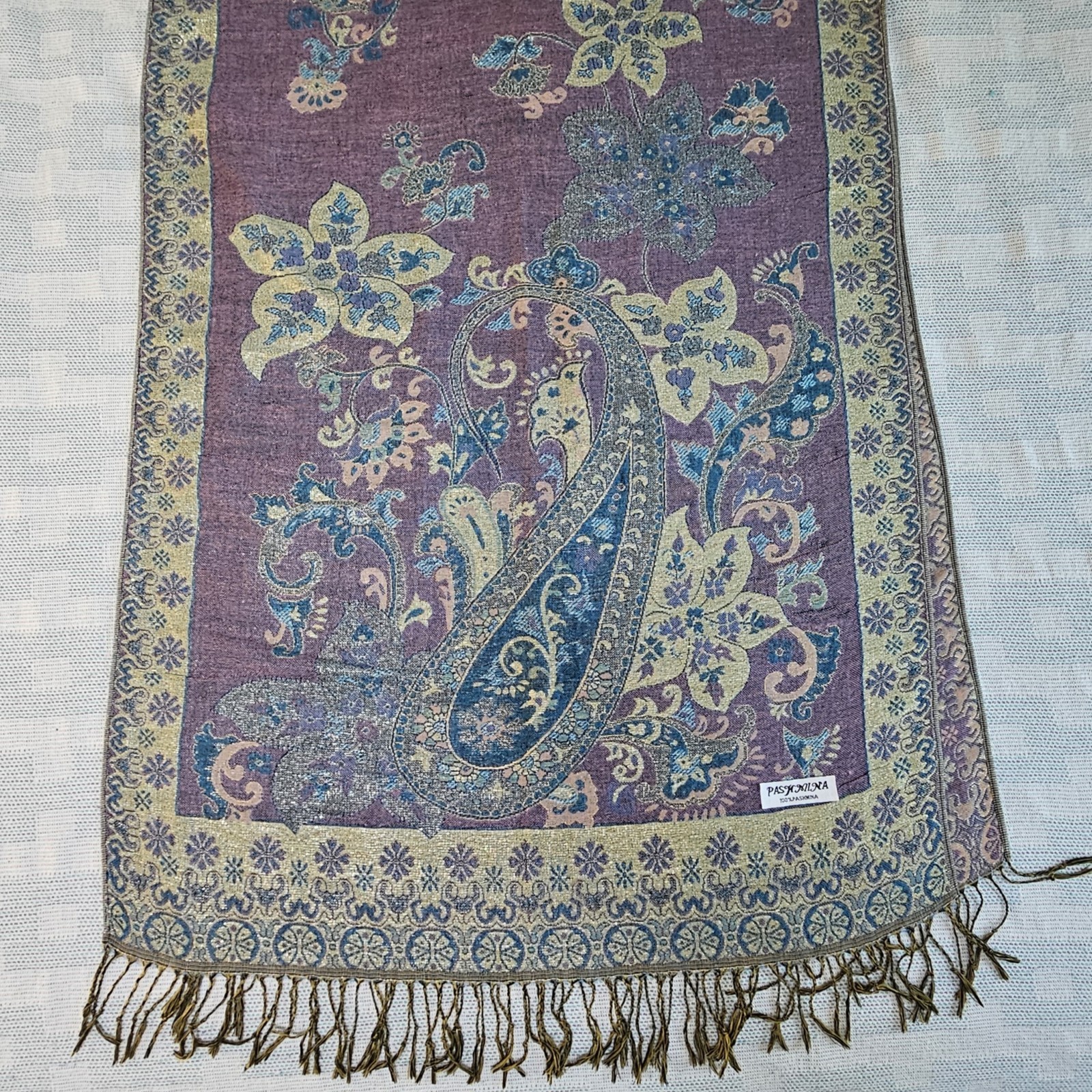 100% Pashmina Wrap Floral Paisley Scarf Shawl Fringe Purple Blue Silver Shimmer