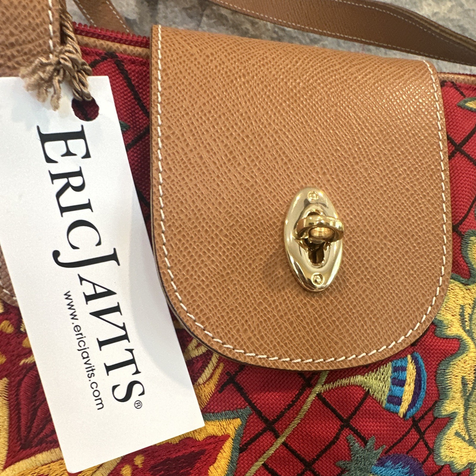 Eric Javits Lotus Tote Mini Red Multicolor Floral Zip Embroidered Strap