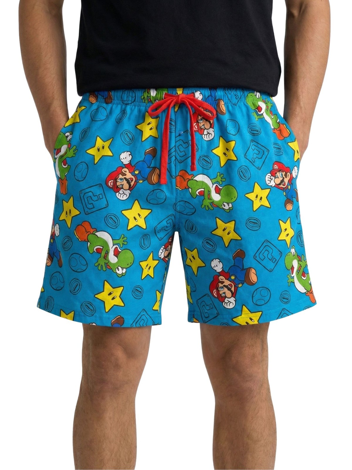 Mens Nintendo Mario Yoshi Pajama Sleep Shorts Loungewear Pockets Blue